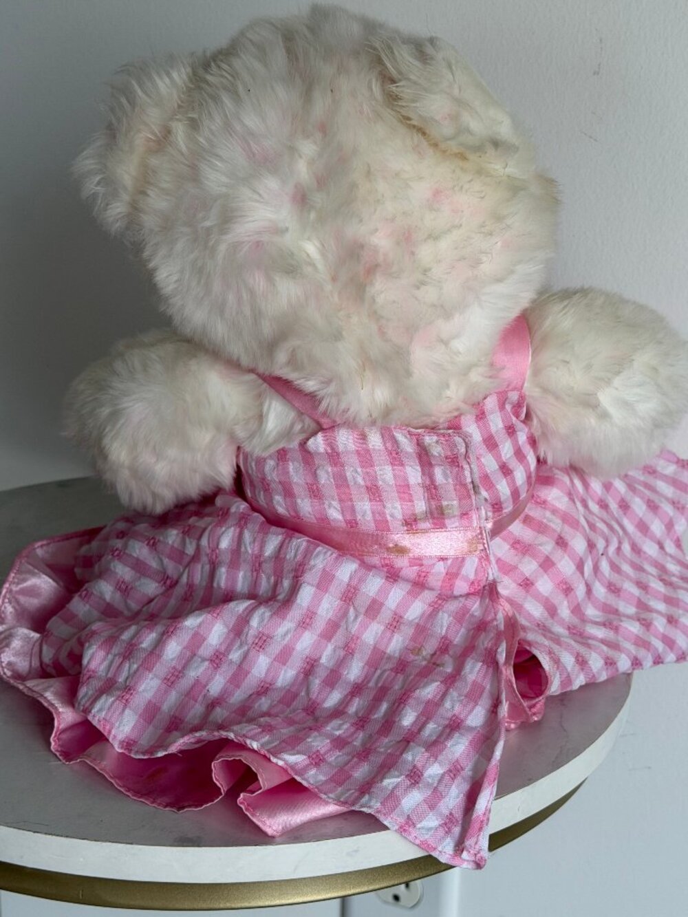 Build A Bear White Pink Marbled Teddy Bear Gingham Dress Stuffed Animal Y2K - Picture 7 of 15
